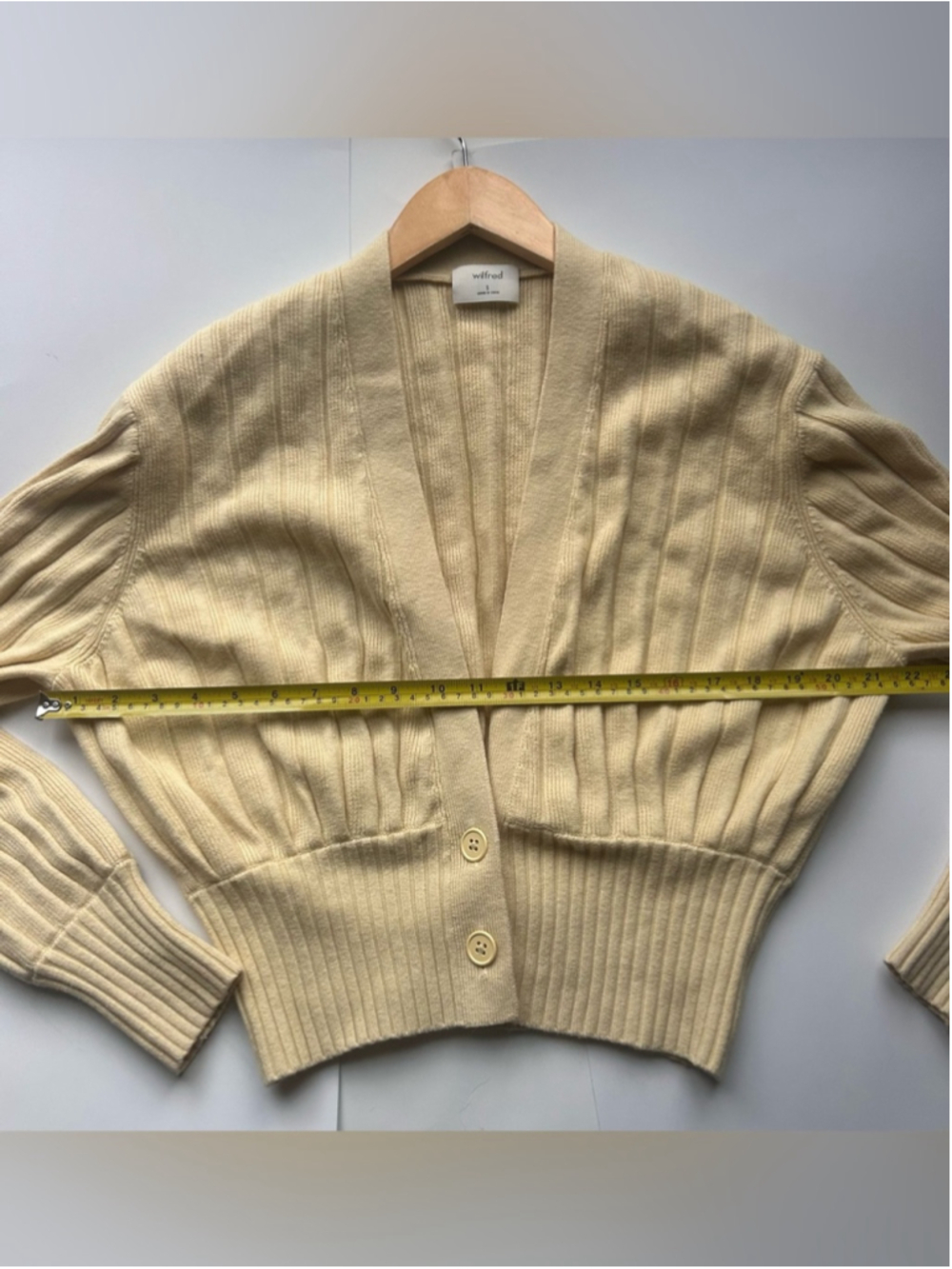 Aritzia Wilfred Cropped Ribbed Cardigan butter yellow Wool Blend Minimalist - Picture 6 of 7
